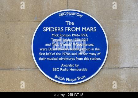 The Spiders from Mars Blue plaque, per il gruppo di supporto di David Bowie, nella stazione ferroviaria di Hull, East Yorkshire, Regno Unito Foto Stock