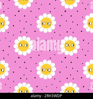 Simpatici fiori a margherita senza cuciture. Simpatici camomigli. Volti sorridenti. Elementi floreali ripetuti. Tema botanico rosa femminile. Piante in fiore. Positivo Illustrazione Vettoriale