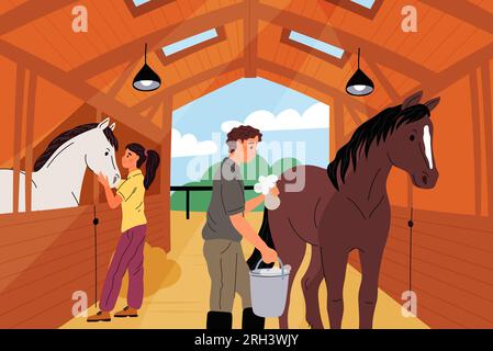 Cura dei cavalli in stalla. Guy lava cavallo. Ragazza che toglie l'animale in stalla. Alimentazione e pulizia degli animali domestici. Il cavaliere pettina la criniera. Stalloni da corsa. Persone e. Illustrazione Vettoriale