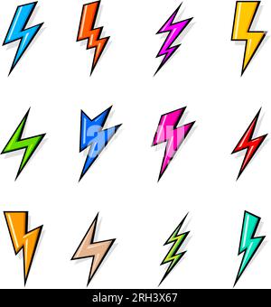 Icone colorate a fulmine isolate su sfondo bianco. Simple Icon Storm o Thunder e Lightning Strike. Simbolo flash, Thunderbolt. Semplice Cartoo Illustrazione Vettoriale