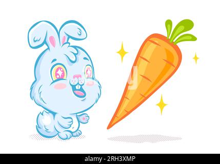 Illustrazione vettoriale di un simpatico coniglio e carota per il capodanno cinese del 2023. Coniglio kawaii vettoriale per 2023 anni. Baby Bunny emoji per il nuovo yea cinese Illustrazione Vettoriale