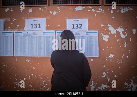 Buenos Aires, Buenos Aires, Argentina. 13 agosto 2023. Le elezioni presidenziali in Argentina non si svolgono fino al 22 ottobre, ma gli elettori hanno l'opportunità di dare un'indicazione precoce delle loro preferenze durante le primarie presidenziali, note come PASO. PASO sta per Open, Contemporary, and Mandatory Primaries. (Immagine di credito: © Daniella Fernandez Realin/ZUMA Press Wire) SOLO USO EDITORIALE! Non per USO commerciale! Foto Stock