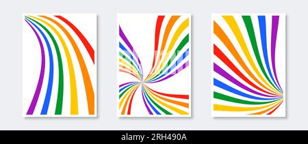 Set di stampe Rainbow Sunburst e path. Collezione di poster colorati astratti. Confezione di sfondi psichedelici a stella geometrica. Pacchetto di modelli per il mese dell'orgoglio e per i diritti lgbt. Illustrazione vettoriale Illustrazione Vettoriale