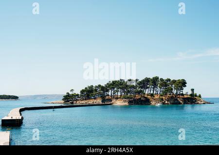 Piccola isola rocciosa sulla spiaggia di Rajska sull'isola di Rab in Croazia. Foto Stock