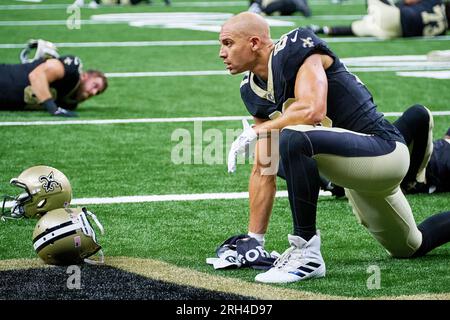 New Orleans, Louisiana, USA. 13 luglio 2023. Il tight end dei New Orleans Saints Jimmy Graham si scalda prima di giocare con i Kansas City Chiefs in una gara di pre-stagione a New Orleans, Louisiana USA, il 13 agosto 2023. (Immagine di credito: © Dan Anderson/ZUMA Press Wire) SOLO USO EDITORIALE! Non per USO commerciale! Crediti: ZUMA Press, Inc./Alamy Live News Foto Stock