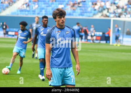 San Pietroburgo, Russia. 13 agosto 2023. Dmitriy Vasiljev (79) di Zenit visto durante la partita di calcio della Premier League russa tra Zenit Saint Petersburg e Fakel Voronezh alla Gazprom Arena. Zenit 2:0 Fakel. Credito: SOPA Images Limited/Alamy Live News Foto Stock