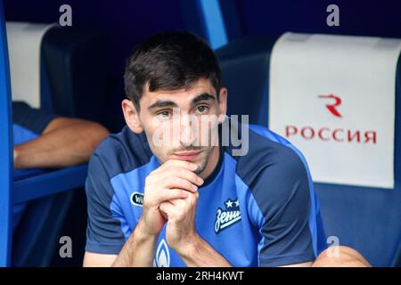 San Pietroburgo, Russia. 13 agosto 2023. Zelimkhan Bakaev (7) di Zenit visto durante la partita di calcio della Premier League russa tra Zenit San Pietroburgo e Fakel Voronezh alla Gazprom Arena. Zenit 2:0 Fakel. Credito: SOPA Images Limited/Alamy Live News Foto Stock