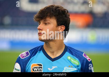 San Pietroburgo, Russia. 13 agosto 2023. Dmitriy Vasiljev (79) di Zenit visto durante la partita di calcio della Premier League russa tra Zenit Saint Petersburg e Fakel Voronezh alla Gazprom Arena. Zenit 2:0 Fakel. (Foto di Maksim Konstantinov/SOPA Images/Sipa USA) credito: SIPA USA/Alamy Live News Foto Stock