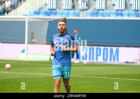 San Pietroburgo, Russia. 13 agosto 2023. Ivan Sergeev (33) di Zenit visto durante la partita di calcio della Premier League russa tra Zenit San Pietroburgo e Fakel Voronezh alla Gazprom Arena. Zenit 2:0 Fakel. (Foto di Maksim Konstantinov/SOPA Images/Sipa USA) credito: SIPA USA/Alamy Live News Foto Stock