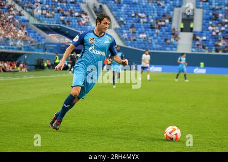 San Pietroburgo, Russia. 13 agosto 2023. Mario Fernandes (6) di Zenit visto durante la partita di calcio della Premier League russa tra Zenit San Pietroburgo e Fakel Voronezh alla Gazprom Arena. Zenit 2:0 Fakel. (Foto di Maksim Konstantinov/SOPA Images/Sipa USA) credito: SIPA USA/Alamy Live News Foto Stock