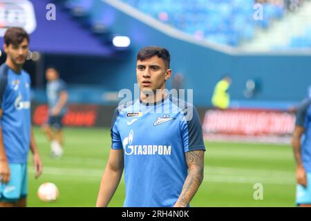 San Pietroburgo, Russia. 13 agosto 2023. Gustavo Mantuan (31) di Zenit visto durante la partita di calcio della Premier League russa tra Zenit San Pietroburgo e Fakel Voronezh alla Gazprom Arena. Zenit 2:0 Fakel. (Foto di Maksim Konstantinov/SOPA Images/Sipa USA) credito: SIPA USA/Alamy Live News Foto Stock