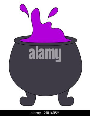 Calderone magico spumeggiante di Halloween con birra viola. Illustrazione vettoriale piatta. Illustrazione Vettoriale