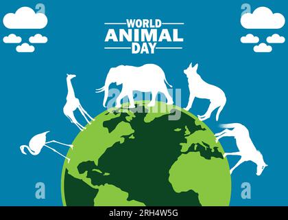 World Animal Day Concept con Animals design. Concetto di vacanza. Modello per sfondo, banner, scheda, poster con iscrizione di testo. Vettore Illustrazione Vettoriale