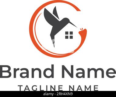 Logo Letter C Hummingbird Home. C logo iniziale con un ronzio a forma di casa. modello di logo per la casa, l'immobiliare e l'arredamento. Illustrazione Vettoriale