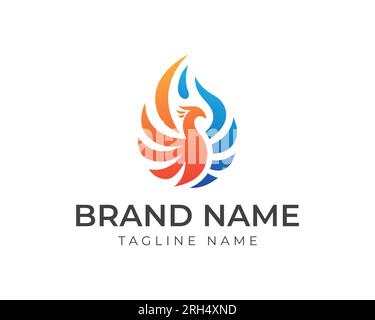 logo oil fire phoenix. logo phoenix con forma a goccia d'olio con colore phoenix parzialmente arancio fuoco con olio blu. modello del logo phoenix Illustrazione Vettoriale