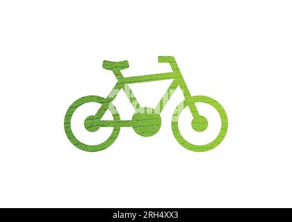 Bicicletta con foglie verdi. Green Bicycle - World Bicycle Day o World Environment Day Concept isolato su sfondo bianco. Design piatto. Vettore Illustrazione Vettoriale