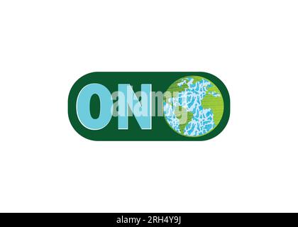 World ON Concept con Globe Icon Logo Design Vector Template. Concetto di giornata terrestre e giornata ambiente. Illustrazione Vettoriale