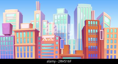 Centro città moderno con grattacieli sullo sfondo blu del cielo. Illustrazione vettoriale del paesaggio urbano, futuristici grattacieli e edifici per uffici, quartiere residenziale Illustrazione Vettoriale