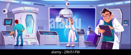 Laboratorio scientifico a bordo di veicoli spaziali, vettore di cartoni animati. Criocapsula, computer con monitor, giovani scienziati maschi e femmine all'interno della nave con grande finestra che si affaccia sullo spazio. Illustrazione Vettoriale