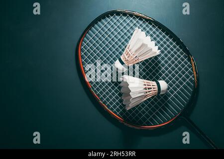 volano da badminton con racchette decorate sul campo per prestazioni elevate competitive in interni, giochi sportivi, attrezzature per tornei, spazio copia Foto Stock