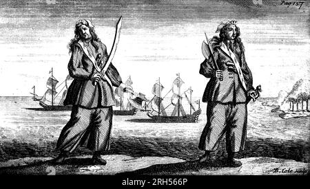 Mary Read (1685 – 28 aprile 1721), nota anche come Mark Read, è stata una pirata inglese. Anne Bonny (ca. 1697–1700 – scomparsa nell'aprile 1721), a volte Anne Bonney, era una pirata irlandese, erano due famose pirati femminili del XVIII secolo, e tra le poche donne note per essere state condannate per pirateria al culmine della 'età d'oro della pirateria'. Dal libro Una storia generale dei pirati, dalla loro prima ascesa e insediamento nell'isola di Providence, fino ai giorni nostri. Con le notevoli azioni e avventure delle due pirati femminili Mary Read e Anne Bonny del capitano Charles Johnson e. Foto Stock