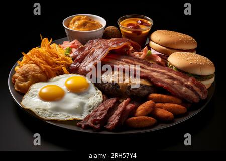 Una deliziosa selezione di piatti classici della colazione americana, con uova, pancetta e altri piatti vari. Foto Stock