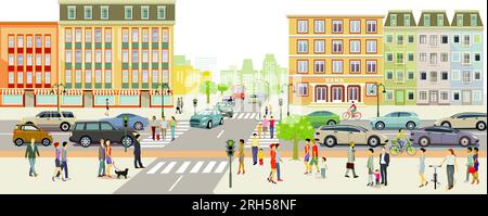 Silhouette urbana di una grande città con traffico e pedoni, panorama, , illustrazione Foto Stock