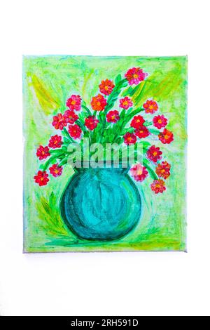 Fiori in un vaso su un tavolo dipinto ad olio su tela isolato su sfondo bianco Foto Stock