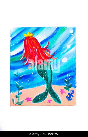 Sirena aquarelle dipinto a olio su tela isolato su sfondo bianco Foto Stock