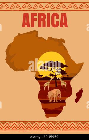 Africa poster di viaggio mappa continente, animali Illustrazione Vettoriale