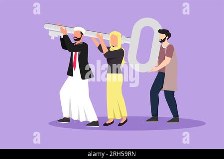 Gruppo di disegno di personaggi composto da un team commerciale arabo che tiene e porta con sé una chiave grande per sbloccare la serratura. Lavoro di squadra cooperativo uomo d'affari donna, collabo Foto Stock