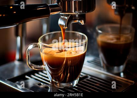 Un momento accattivante che cattura la preparazione di un espresso ricco con una macchina da caffè professionale. Foto Stock