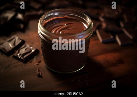 Viziatevi con i ricchi sapori del budino al cioccolato sullo sfondo rustico Foto Stock