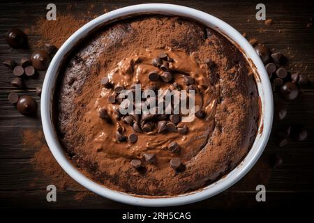 Viziatevi con i ricchi sapori del budino al cioccolato sullo sfondo rustico Foto Stock