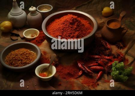 Vivace paprika speziata in una ciotola allestita su uno sfondo rustico, che trasuda calore culinario. Foto Stock