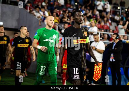 Bucarest, Romania. 10 agosto 2023. Mohamed Diomande (10) dell'FC Nordsjaelland visto durante la partita di qualificazione della UEFA Conference League tra FCSB e FC Nordsjaelland allo Stadionul Steaua di Bucarest. (Foto: Gonzales Photo - Dejan Obretkovic). Foto Stock