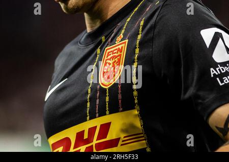 Bucarest, Romania. 10 agosto 2023. Il logotipo del Nordsjaelland visto sulla maglia in trasferta per la partita di qualificazione della UEFA Conference League tra FCSB e FC Nordsjaelland allo Stadionul Steaua di Bucarest. (Foto: Gonzales Photo - Dejan Obretkovic). Foto Stock