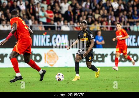 Bucarest, Romania. 10 agosto 2023. Lazo Coulibaly (28) del Nordsjaelland visto durante la partita di qualificazione della UEFA Conference League tra FCSB e FC Nordsjaelland allo Stadionul Steaua di Bucarest. (Foto: Gonzales Photo - Dejan Obretkovic). Foto Stock