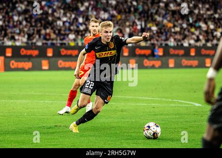 Bucarest, Romania. 10 agosto 2023. Oliver Antman (22) del Nordsjaelland visto durante la partita di qualificazione della UEFA Conference League tra FCSB e FC Nordsjaelland allo Stadionul Steaua di Bucarest. (Foto: Gonzales Photo - Dejan Obretkovic). Foto Stock