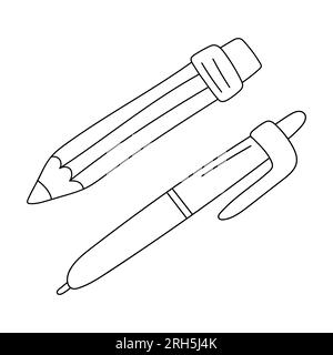 Matita con gomma e penna a sfera. Outline Doodle Stationery, forniture per ufficio. Semplici icone disegnate a mano. Isolare illustrazione vettoriale in bianco e nero Illustrazione Vettoriale