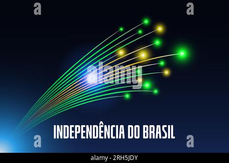 7 settembre, giorno dell'indipendenza del brasile, colorata bandiera brasiliana dei fuochi d'artificio su sfondo blu notturno. Festa nazionale 7 settembre. Biglietto d'auguri Illustrazione Vettoriale