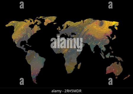 Mappa del mondo con contorni approssimativi su sfondo nero Foto Stock