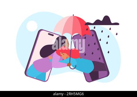 Terapia online, psicologia aiuto e supporto nella depressione e illustrazione vettoriale dello stress. Consulente femminile dei cartoni animati che tiene un ombrello per proteggere dalla pioggia e dal comfort, abbracciando la ragazza triste dal telefono Illustrazione Vettoriale