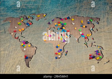 Mappa del mondo con pagine colorate che riempiono Foto Stock