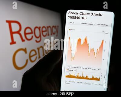 Persona in possesso di cellulare con il sito Web della società statunitense Regency Centers Corporation sullo schermo davanti al logo. Concentrarsi sul centro del display del telefono. Foto Stock