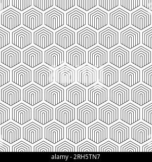 Ripetizione geometrica senza giunture. Ripetizione del reticolo esagonale. Ripetuta linea nera isolata su sfondo bianco. Design moderno a base di miele per stampe. Ripetere Illustrazione Vettoriale