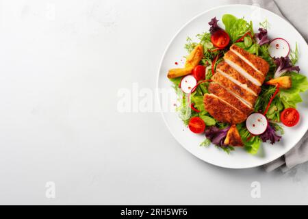Insalata verde fresca abbinata a succulento pollo al forno su uno sfondo bianco pulito. Foto Stock