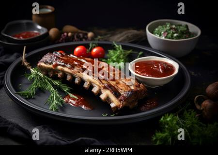 Costolette di maiale perfettamente grigliate con salsa, presentate in una composizione rustica. Foto Stock