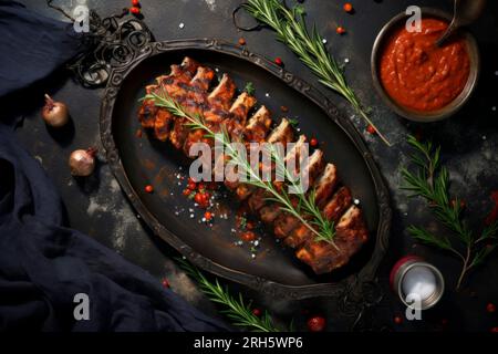 Costolette di maiale perfettamente grigliate con salsa, presentate in una composizione rustica. Foto Stock