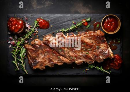 Costolette di maiale perfettamente grigliate con salsa, presentate in una composizione rustica. Foto Stock